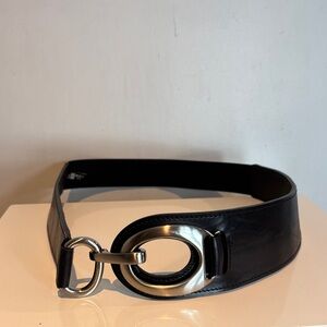Brave 1992 black leather and elastic belt with brushed silver buckle size 36